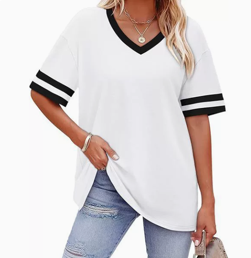 WIHOLL Womens T Shirts Loose Fit Short Sleeve Tees V Neck Color Block Summer Tops 2026 Fashion S-3XL