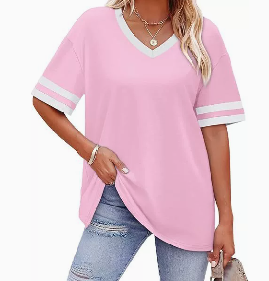 WIHOLL Womens T Shirts Loose Fit Short Sleeve Tees V Neck Color Block Summer Tops 2026 Fashion S-3XL