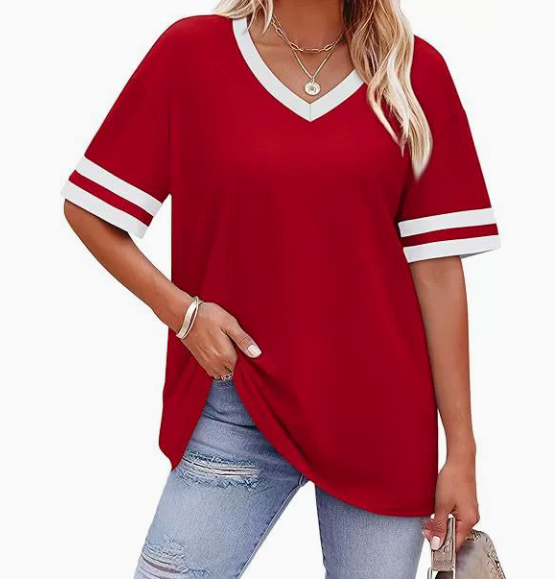 WIHOLL Womens T Shirts Loose Fit Short Sleeve Tees V Neck Color Block Summer Tops 2026 Fashion S-3XL