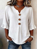 Summer Women's V-neck Cotton Linen Button-up Top